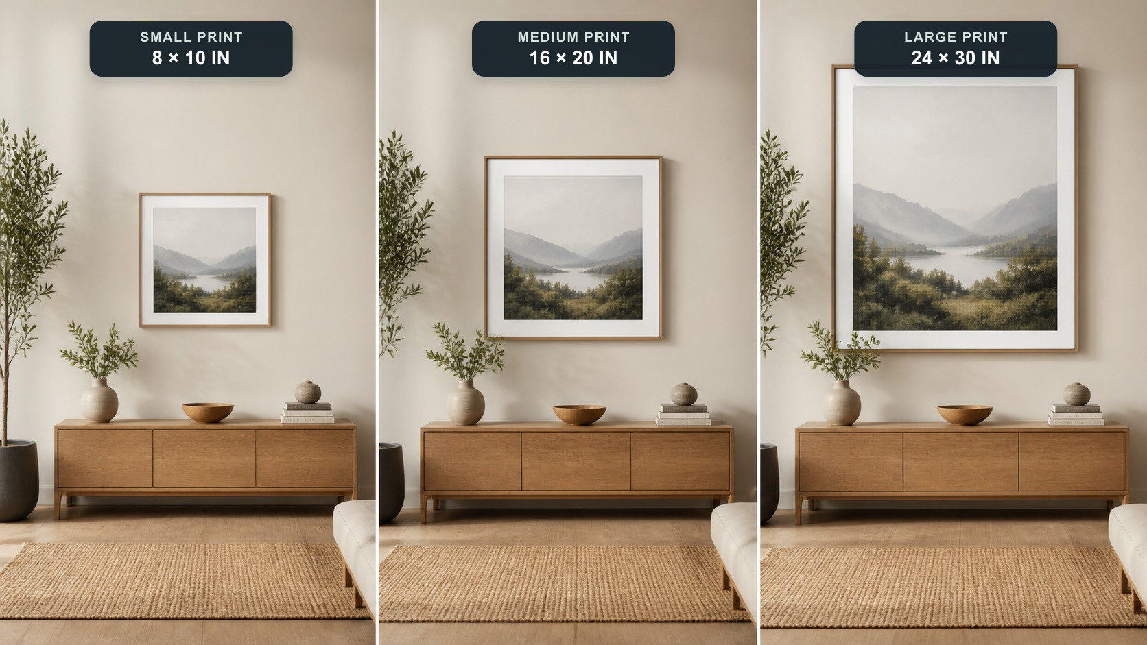 The same room labeled with small 8 × 10-inch, medium 16 × 20-inch, and large 24 × 30-inch artwork sizes for believable wall-scale comparison