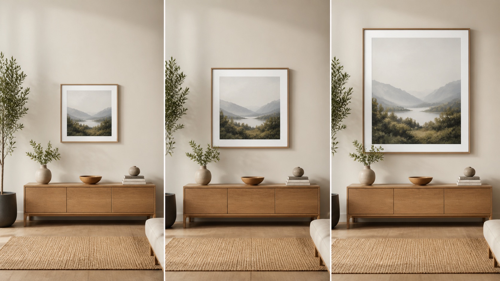 Small, medium, and large wall art sizes shown in the same room to explain visual scale