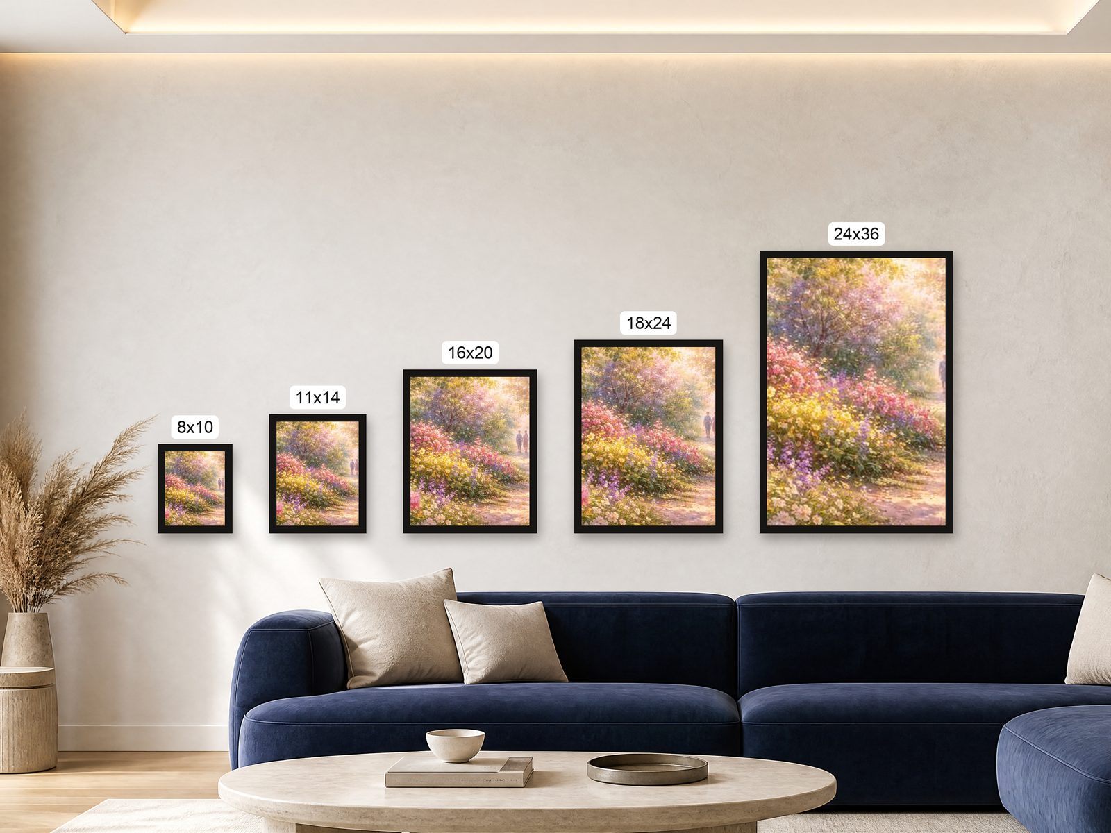 Five framed prints from 8x10 to 24x36 inches shown side by side at true scale on one wall above a navy sofa