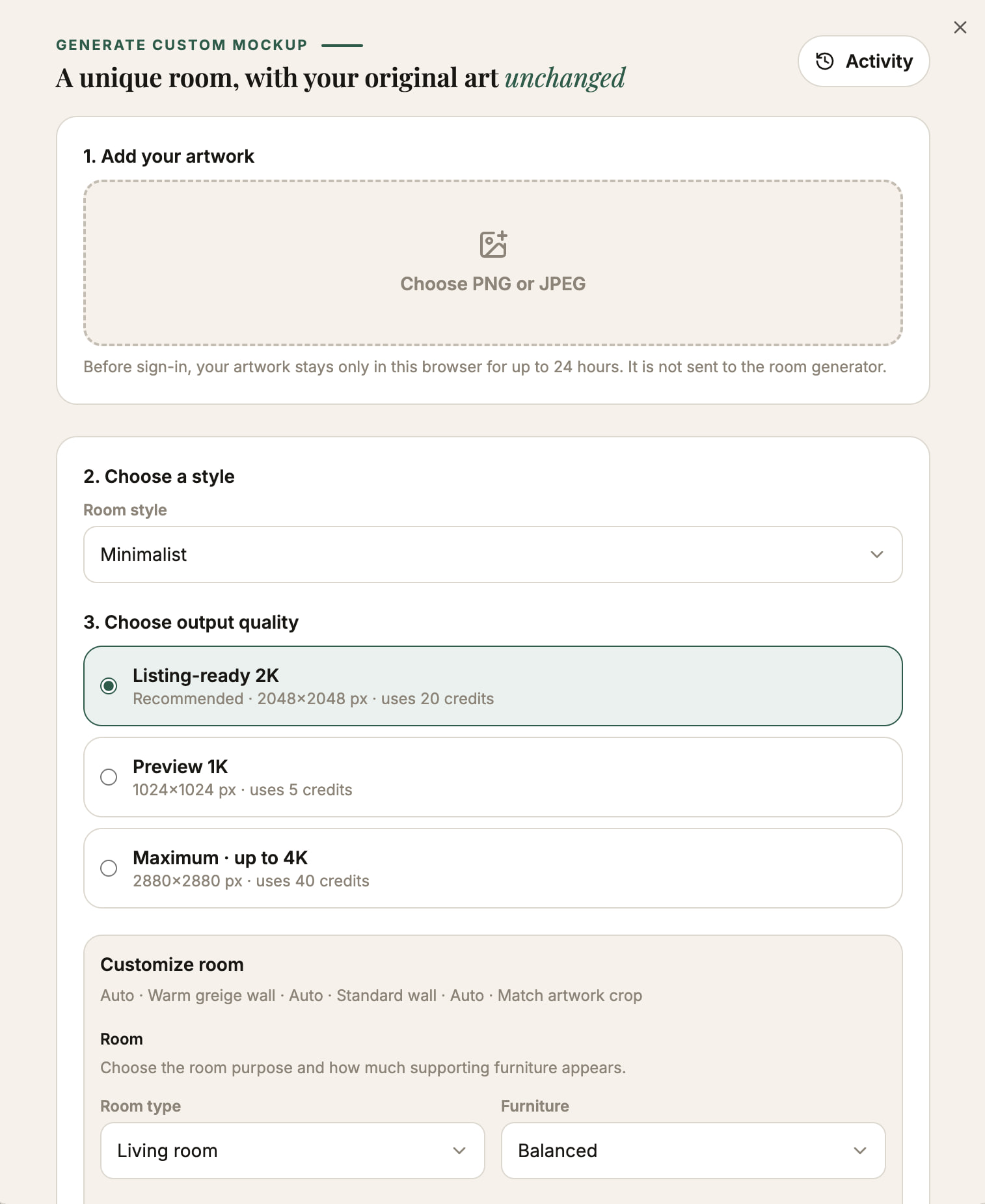 WallMockup's Generate Custom Mockup dialog inside the editor with artwork upload, room style, output quality, and room customization controls