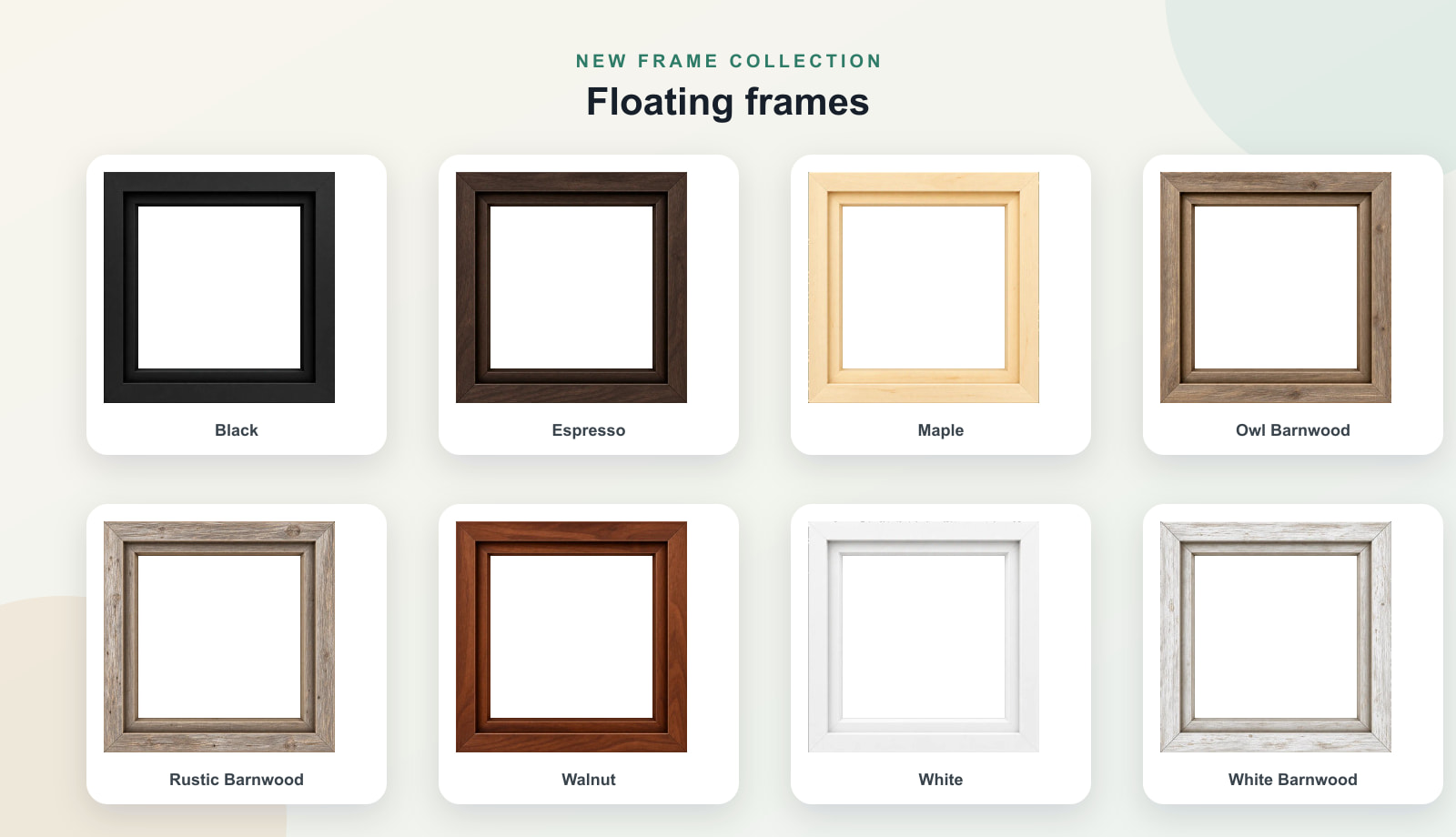 The eight new WallMockup floating frame finishes: Black, Espresso, Maple, Owl Barnwood, Rustic Barnwood, Walnut, White, and White Barnwood