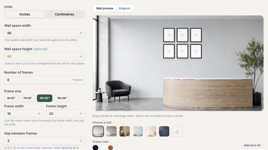 WallMockup gallery wall planner showing six frames, real dimensions, spacing, and a room preview