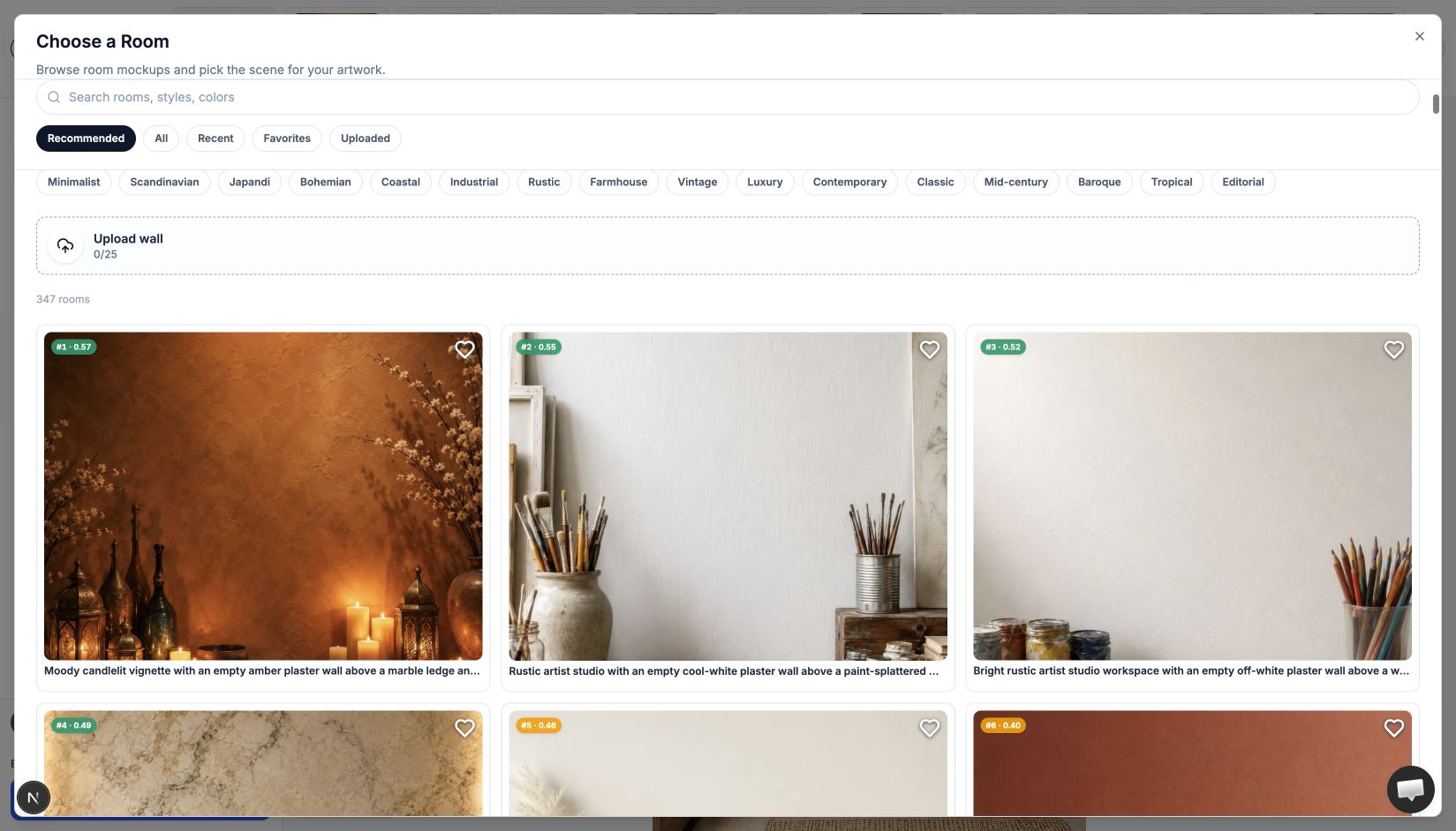 WallMockup Recommended view showing room mockups ranked for the selected artwork