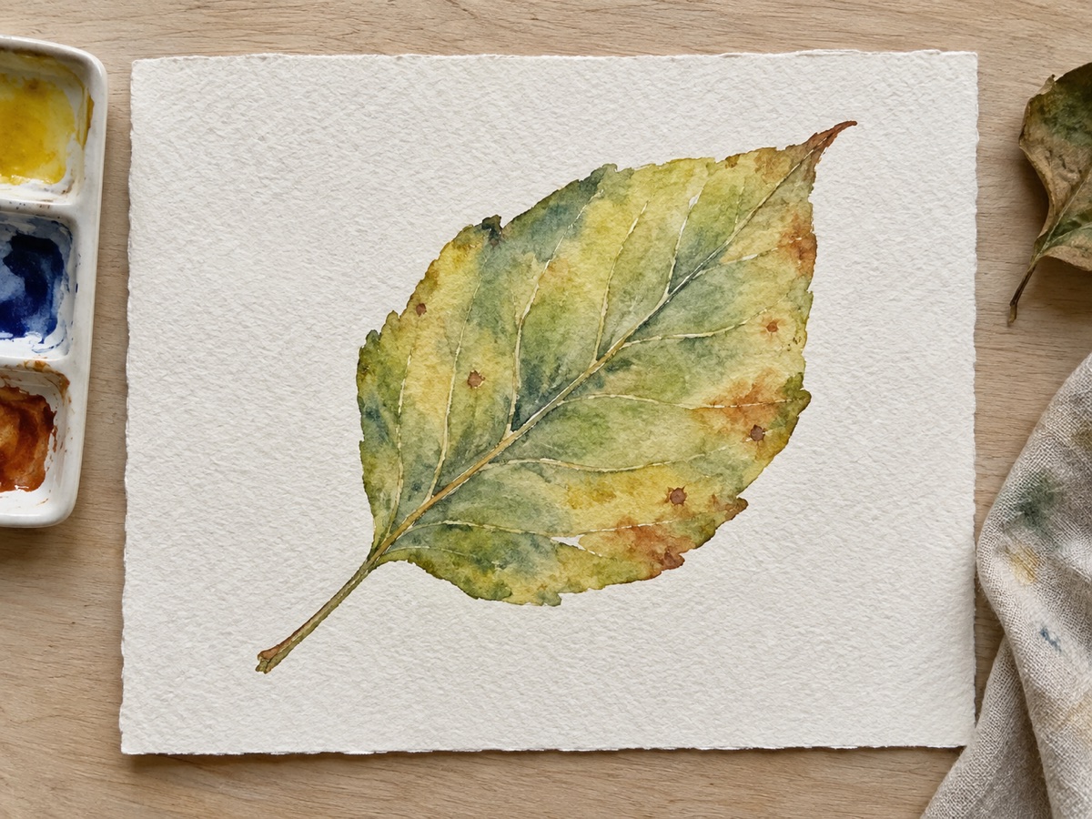Single botanical watercolor leaf with yellow-green base, cool blue shadows, warm brown edges, and sparse veins