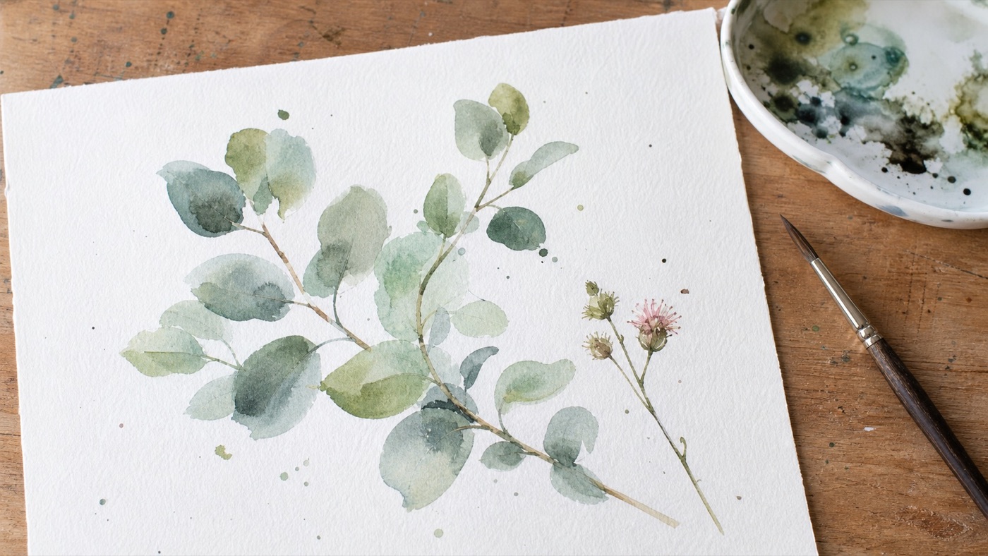A loose watercolor botanical study of a leaf and small branch, shown as a finished small painting
