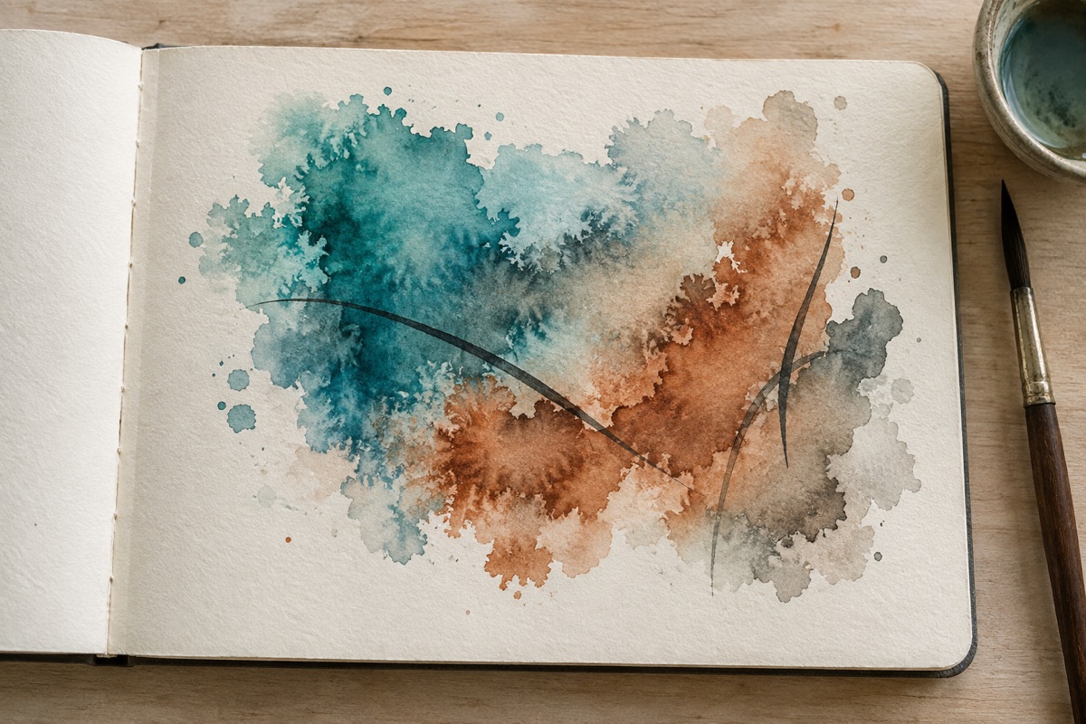 Controlled-accident journal wash with teal and rust blooms organized by three dark sweeping brush marks