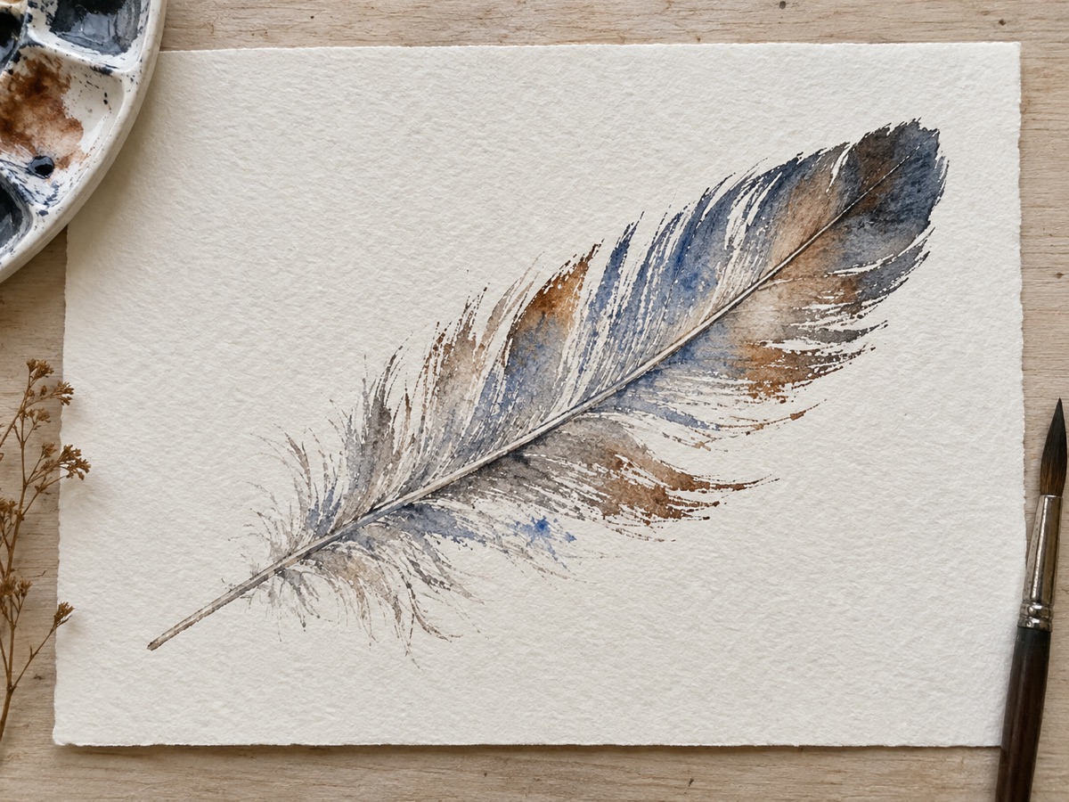 Dry-brush watercolor feather built from broken blue-gray and brown strokes that reveal rough paper texture
