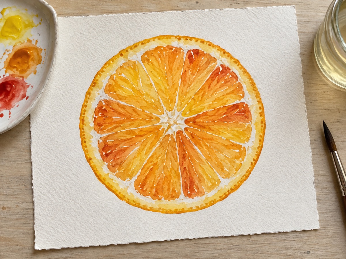 Finished glazed watercolor citrus slice with luminous yellow, orange, and red layers separated by white pith