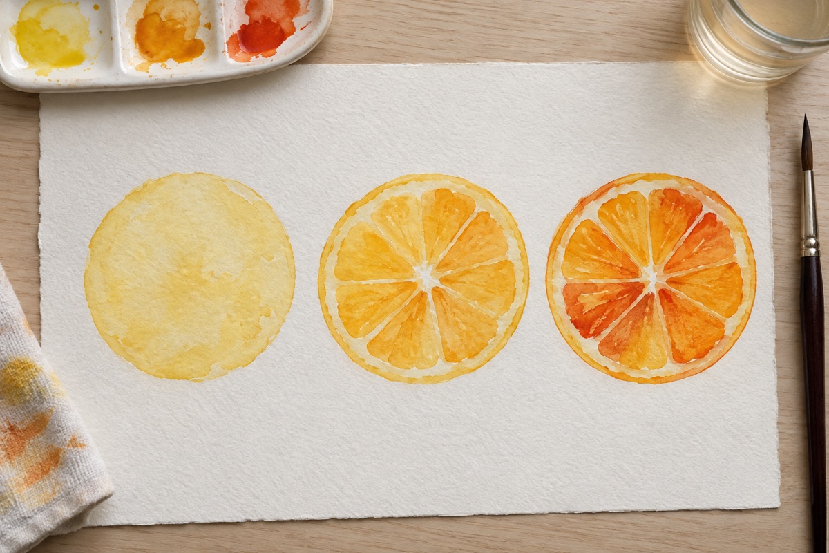Three watercolor citrus glazing stages showing pale yellow foundation, transparent orange segments, and selective red-orange depth