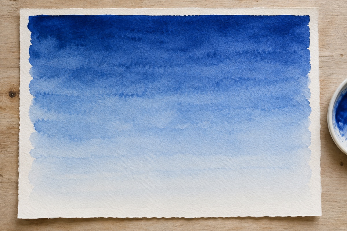 Ultramarine graded sky wash fading from a deep upper band to nearly white paper with visible handmade joins