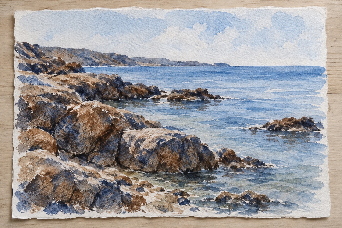 Granulating watercolor shoreline with ultramarine and burnt sienna sediment visible across rough stone shapes