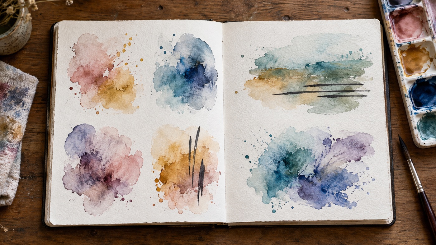 Open watercolor journal with a sequence of loose daily washes and restrained dark gestural marks