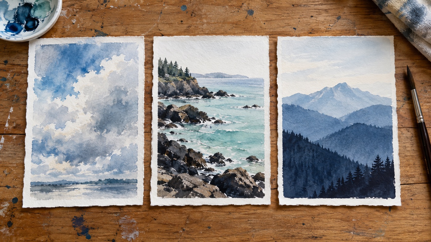 Three watercolor landscape studies comparing soft sky, rocky shoreline, and layered mountain value approaches