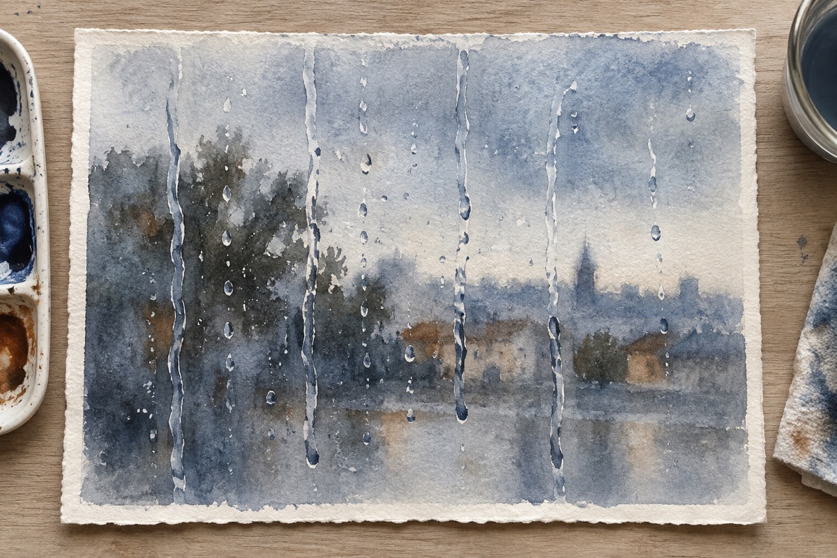 Lifted watercolor rain trails and droplets crossing a soft blue-gray view with diffused trees and buildings
