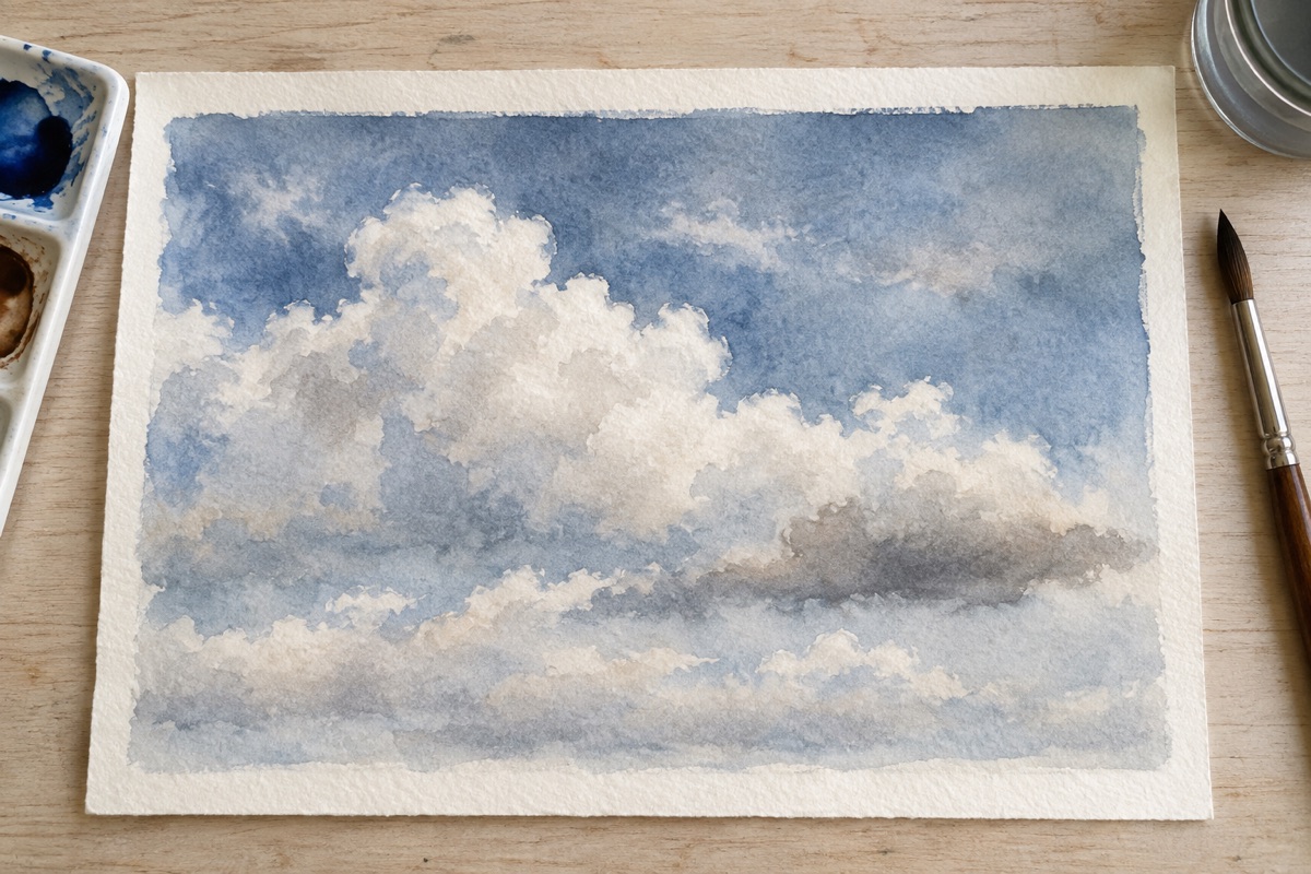 Finished lifted watercolor clouds with luminous tops, soft lower edges, and a restrained gray underside