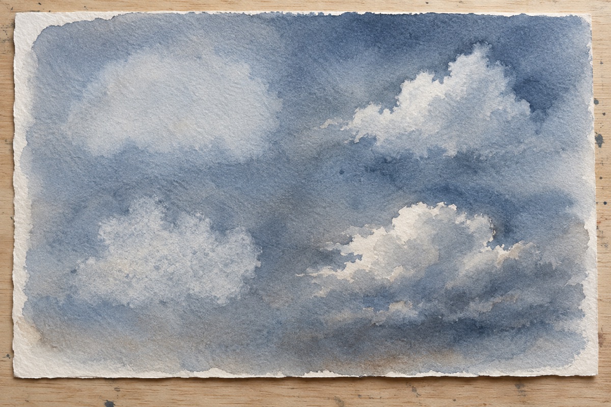 Blue-gray watercolor wash showing cloud highlights at several stages of lifting and edge softening
