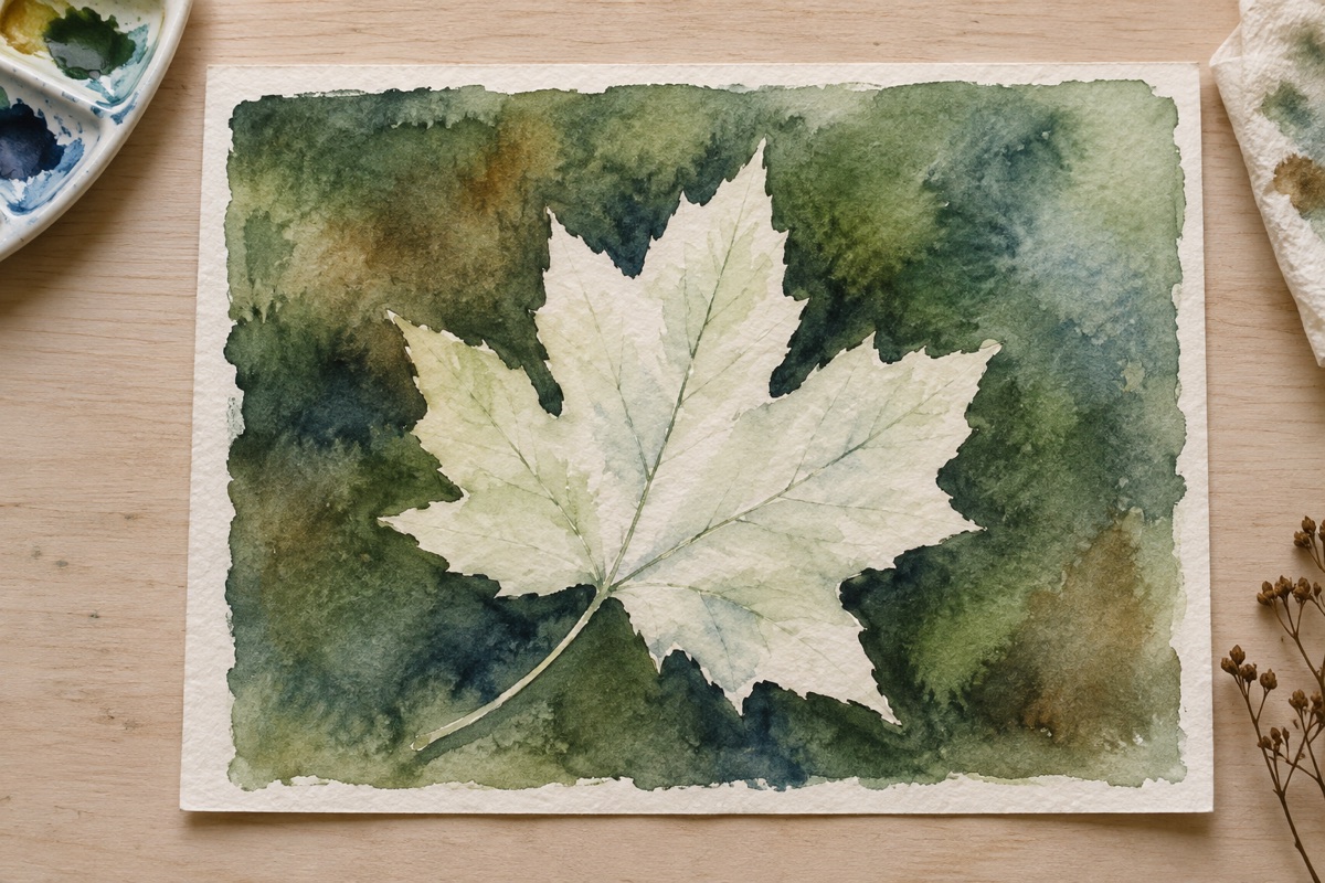 Finished pale negative-painted leaf defined by a deep varied green background and restrained veins