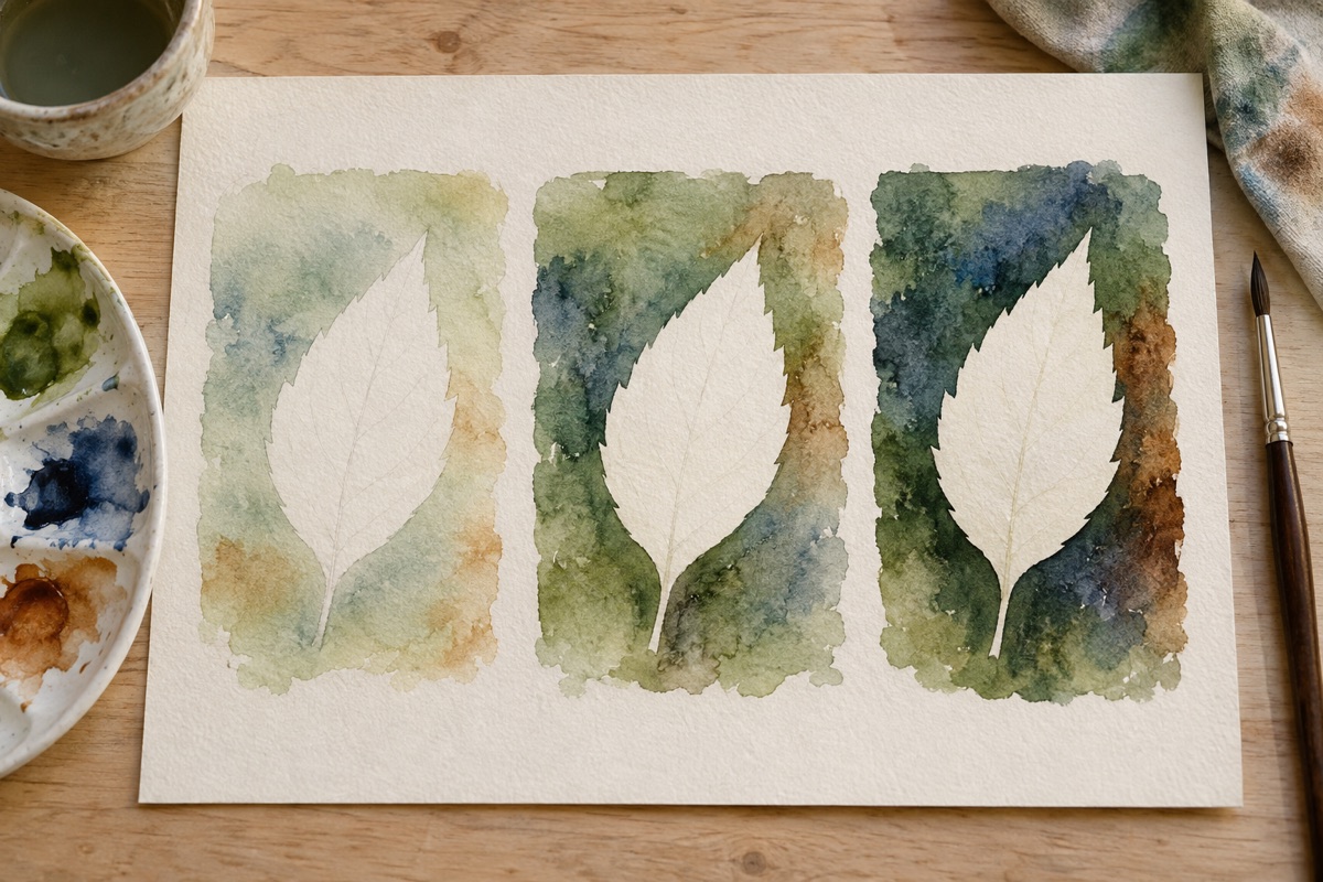Three stages of a negative-painted leaf with progressively darker green and blue background layers around white paper