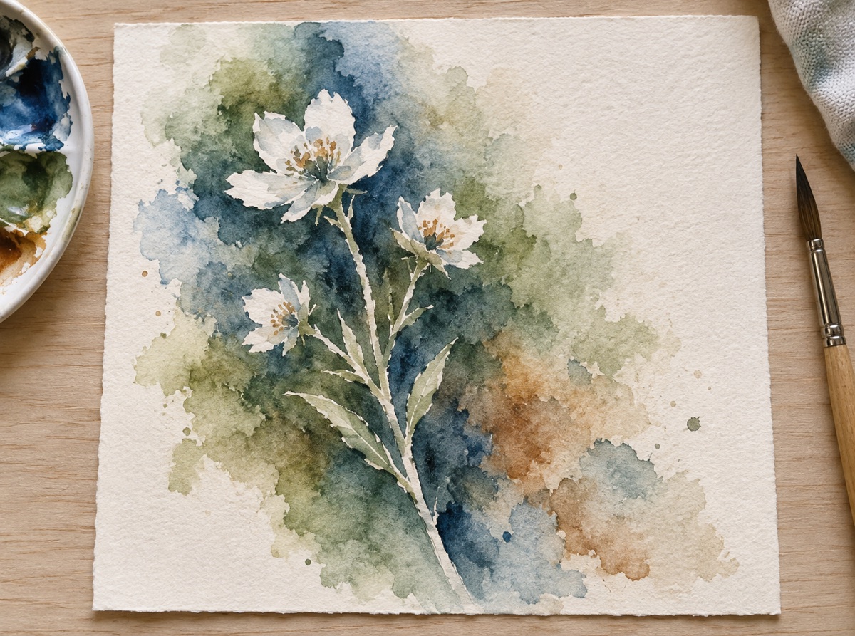 Negative-painted watercolor wildflower with pale paper stems and blossoms emerging from layered blue-green washes