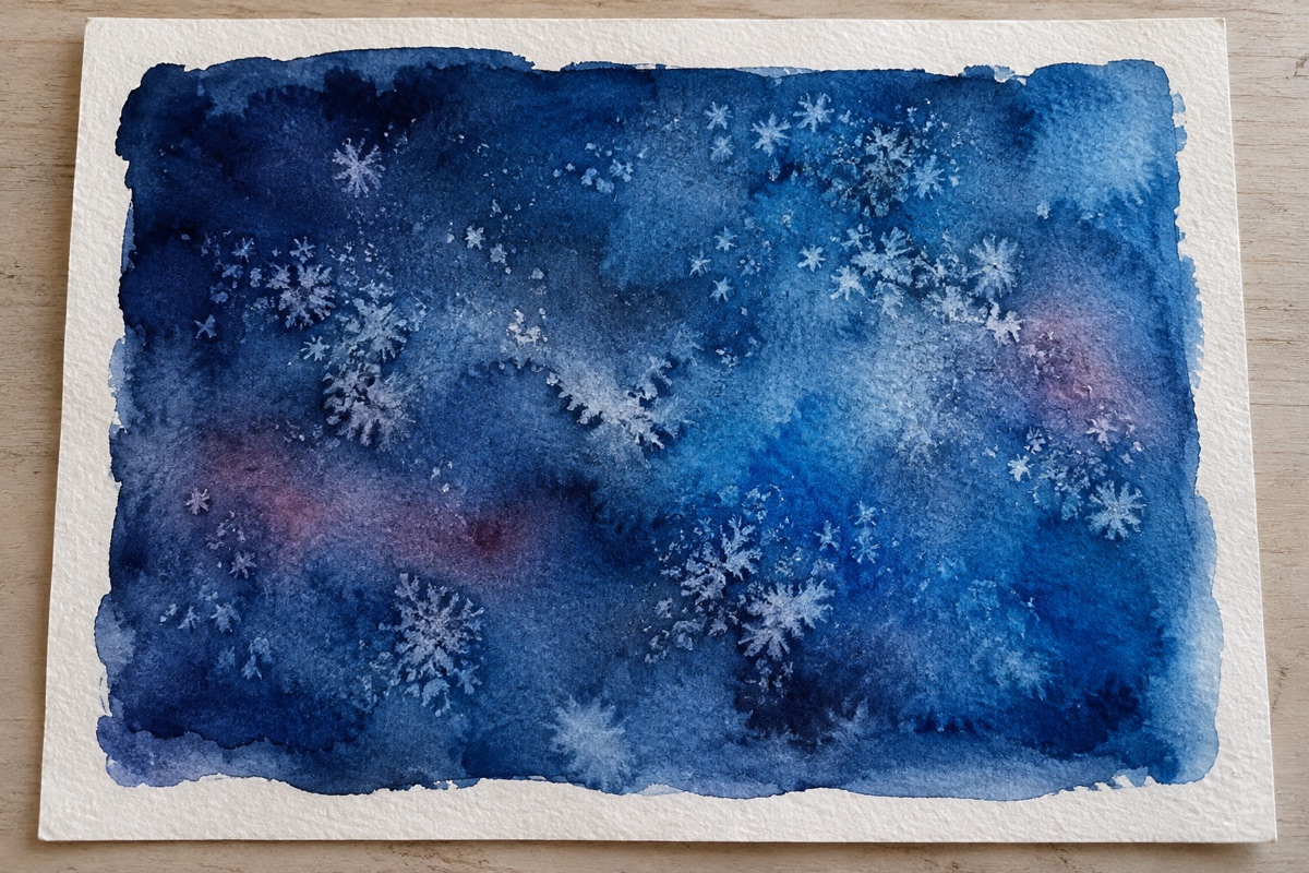 Indigo and phthalo blue watercolor wash with irregular pale crystalline blooms and mottled salt-displaced pigment