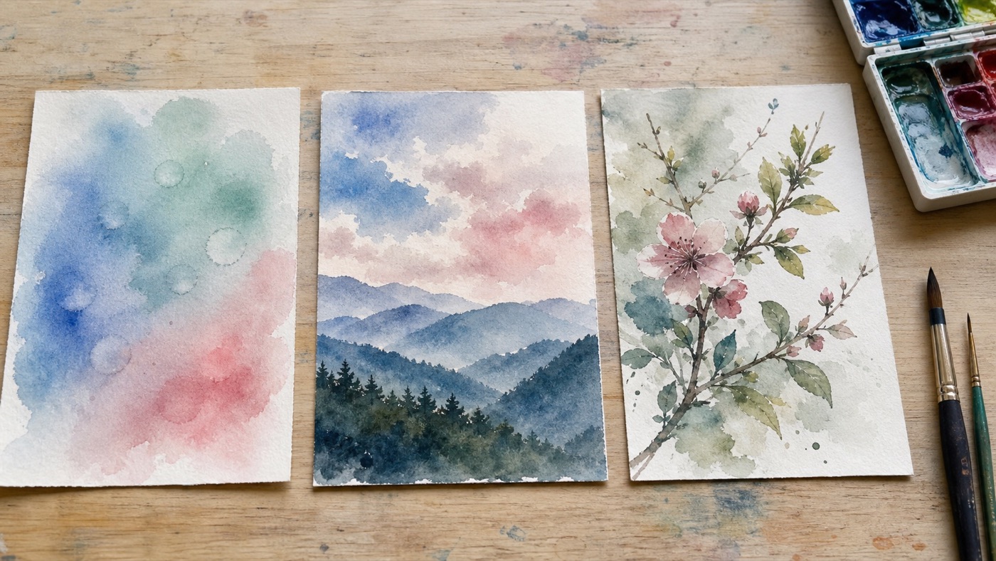 Small watercolor painting ideas at different skill levels shown side by side, from loose beginner washes to a detailed botanical study
