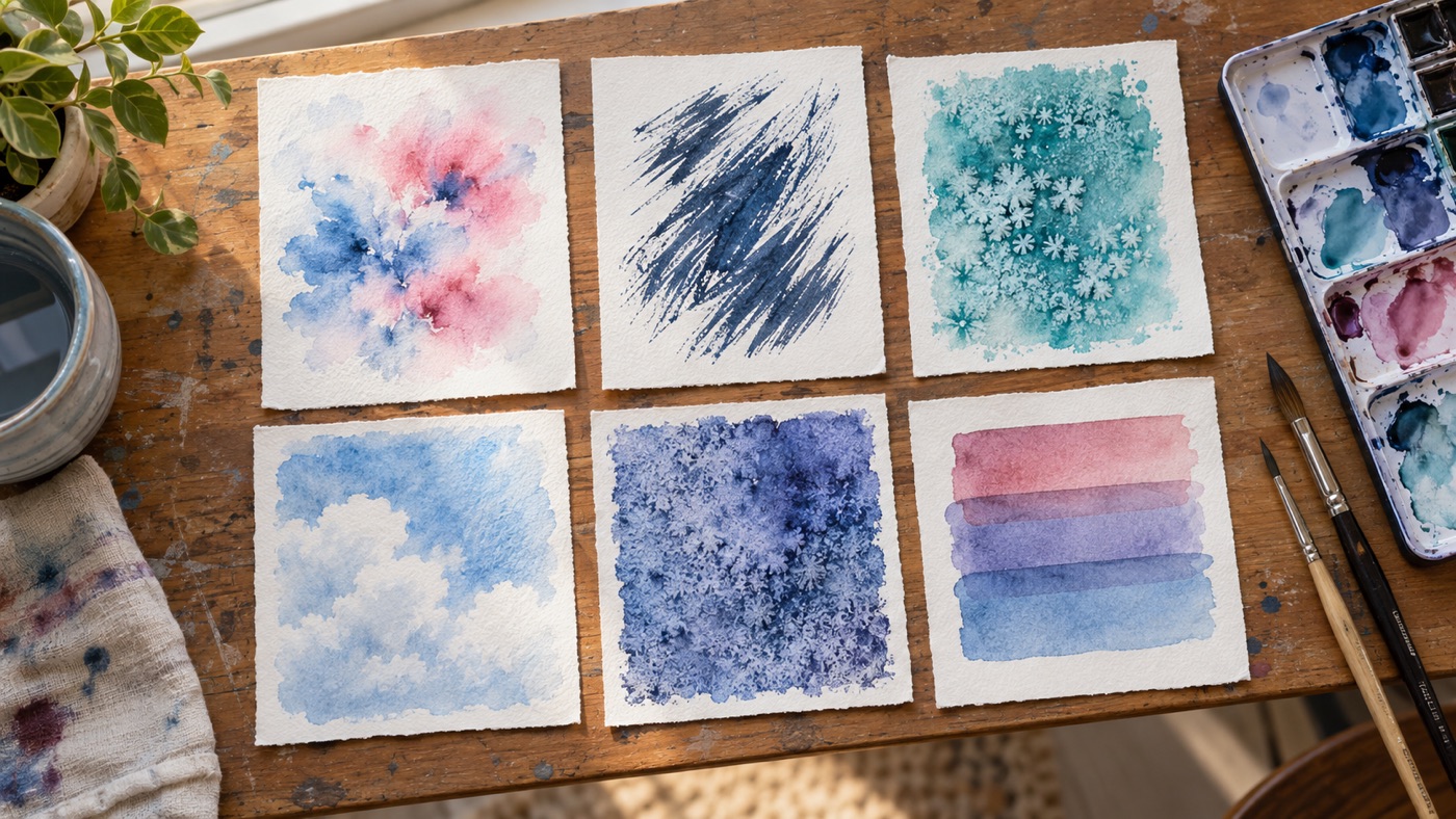 Six watercolor technique studies showing soft blooms, broken dry-brush marks, salt texture, lifted highlights, granulation, and transparent glazing