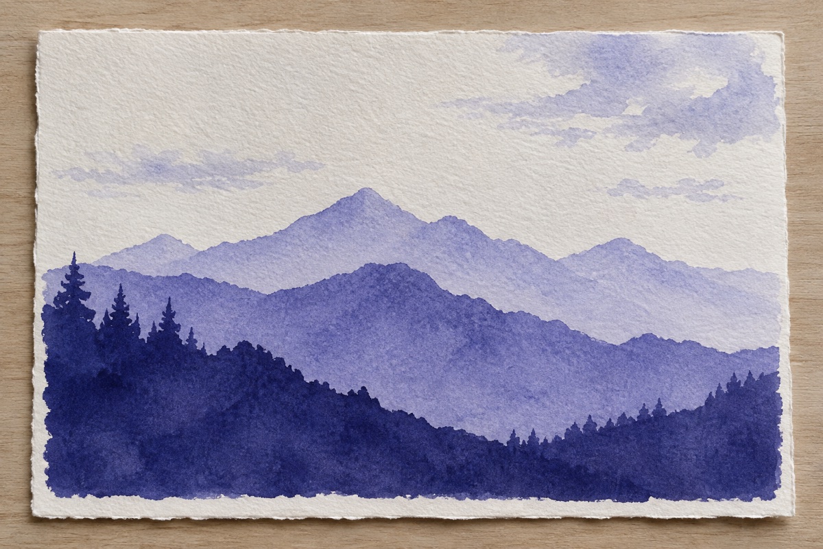 Monochrome violet watercolor mountains separated into pale distant, medium middle, and dark foreground values