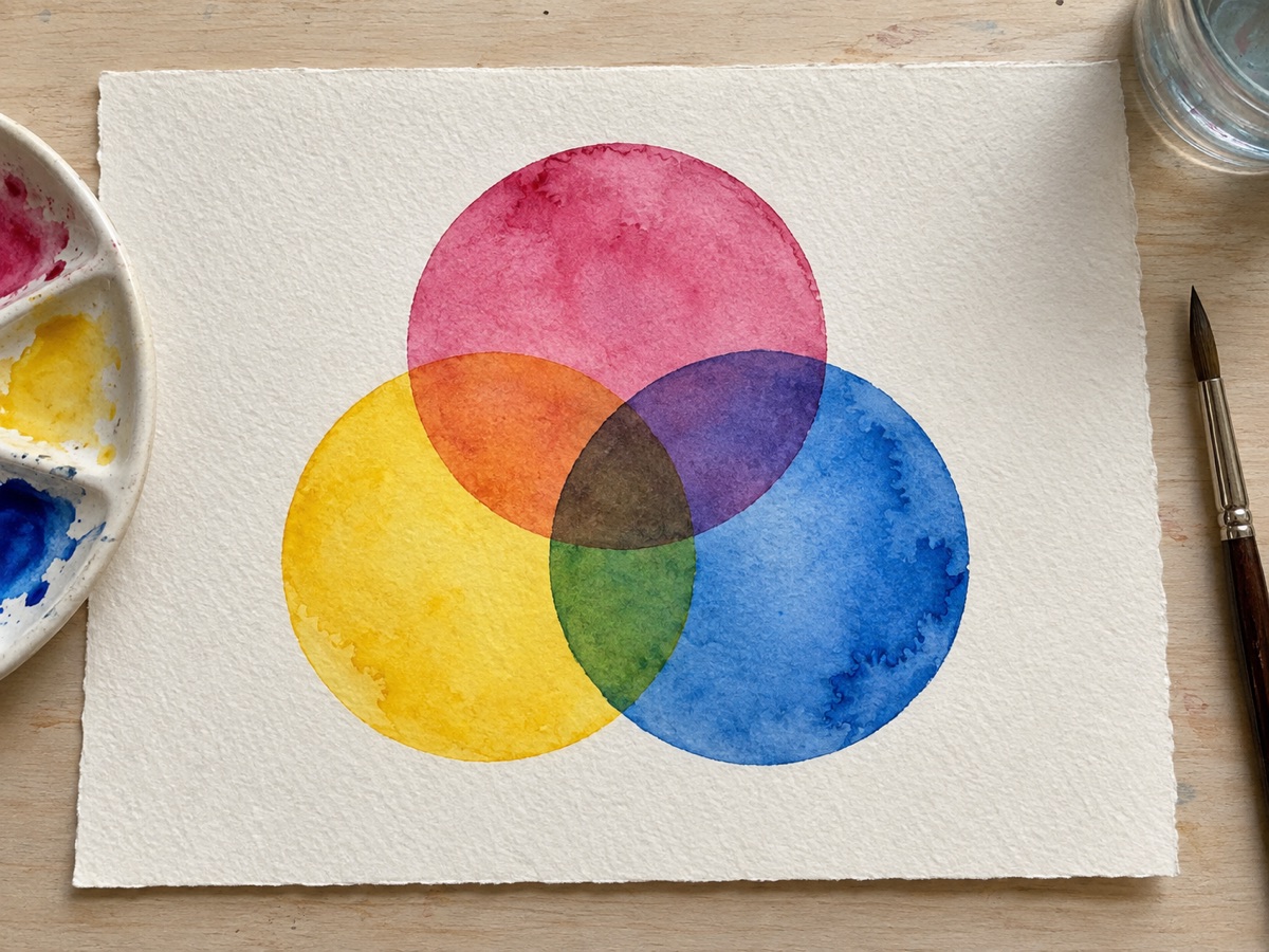 Three transparent watercolor circles with crisp orange, green, violet, and neutral overlap zones