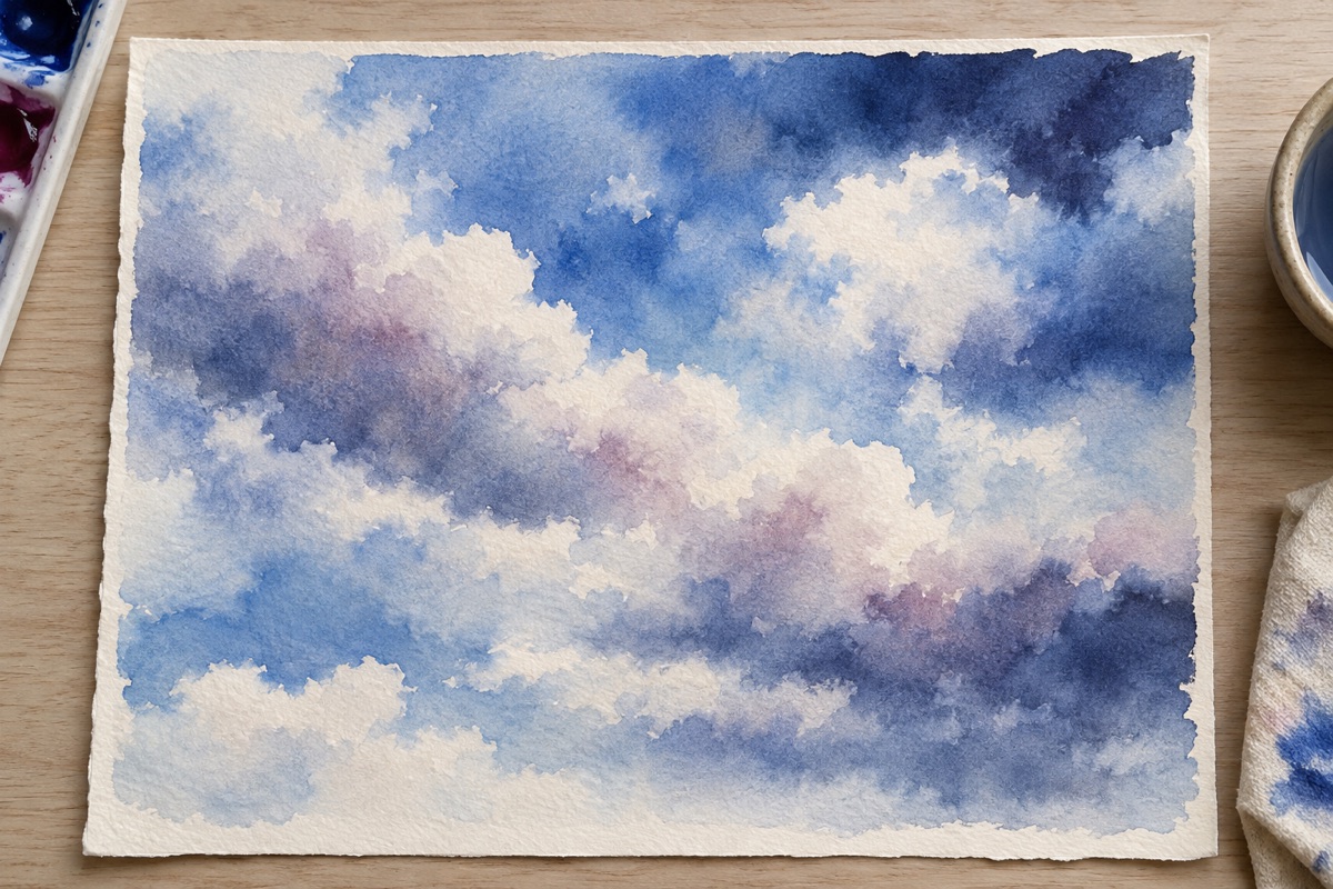 Wet-on-wet cobalt and indigo cloud study with soft blue diffusion, warm violet shadows, and irregular paper-white gaps