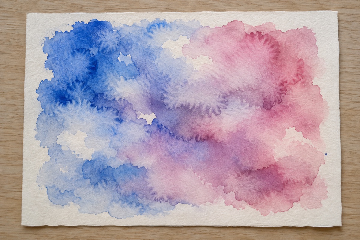 Wet-on-wet ultramarine and quinacridone rose wash with soft violet merges, blooms, and pale paper gaps