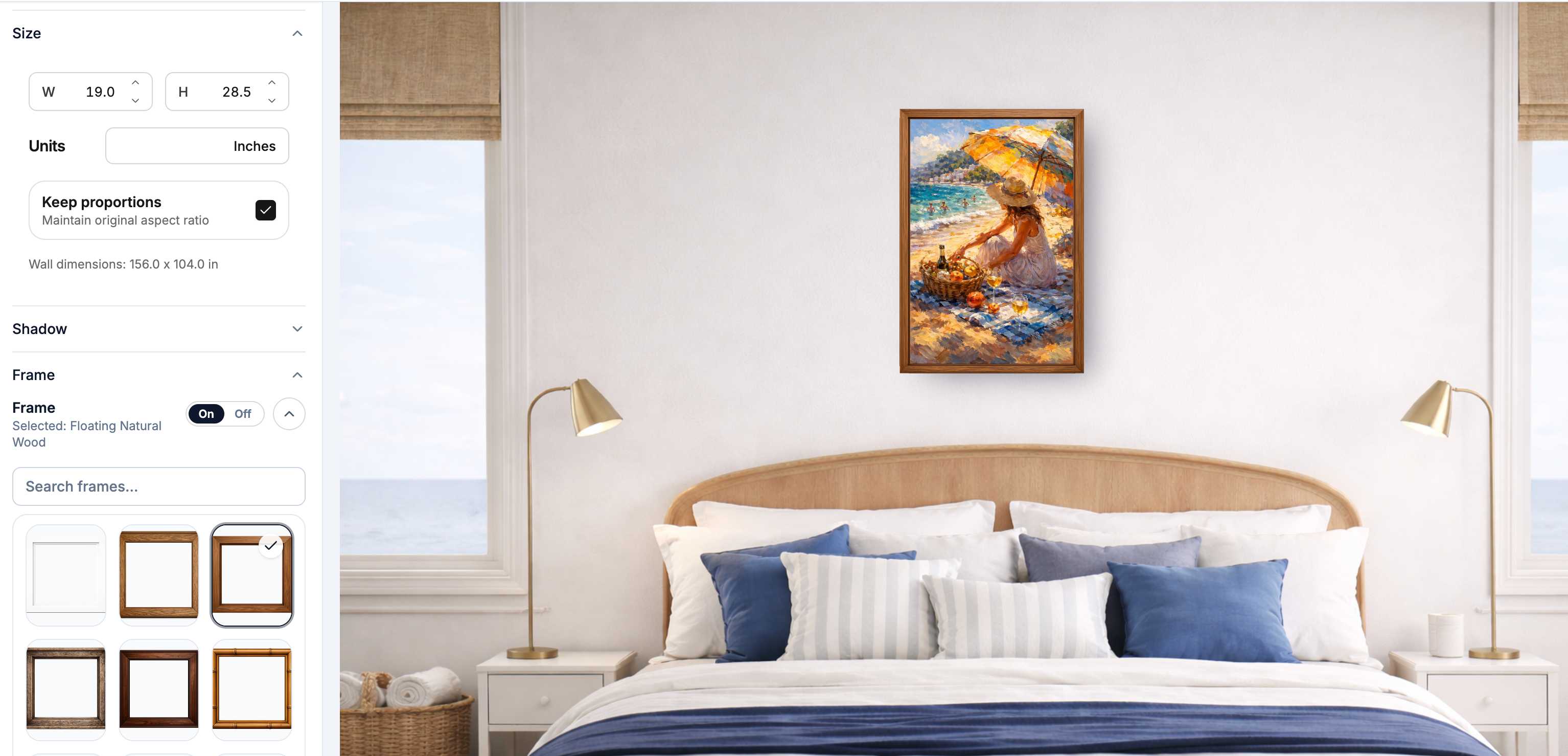 Selecting size and frame options in WallMockup