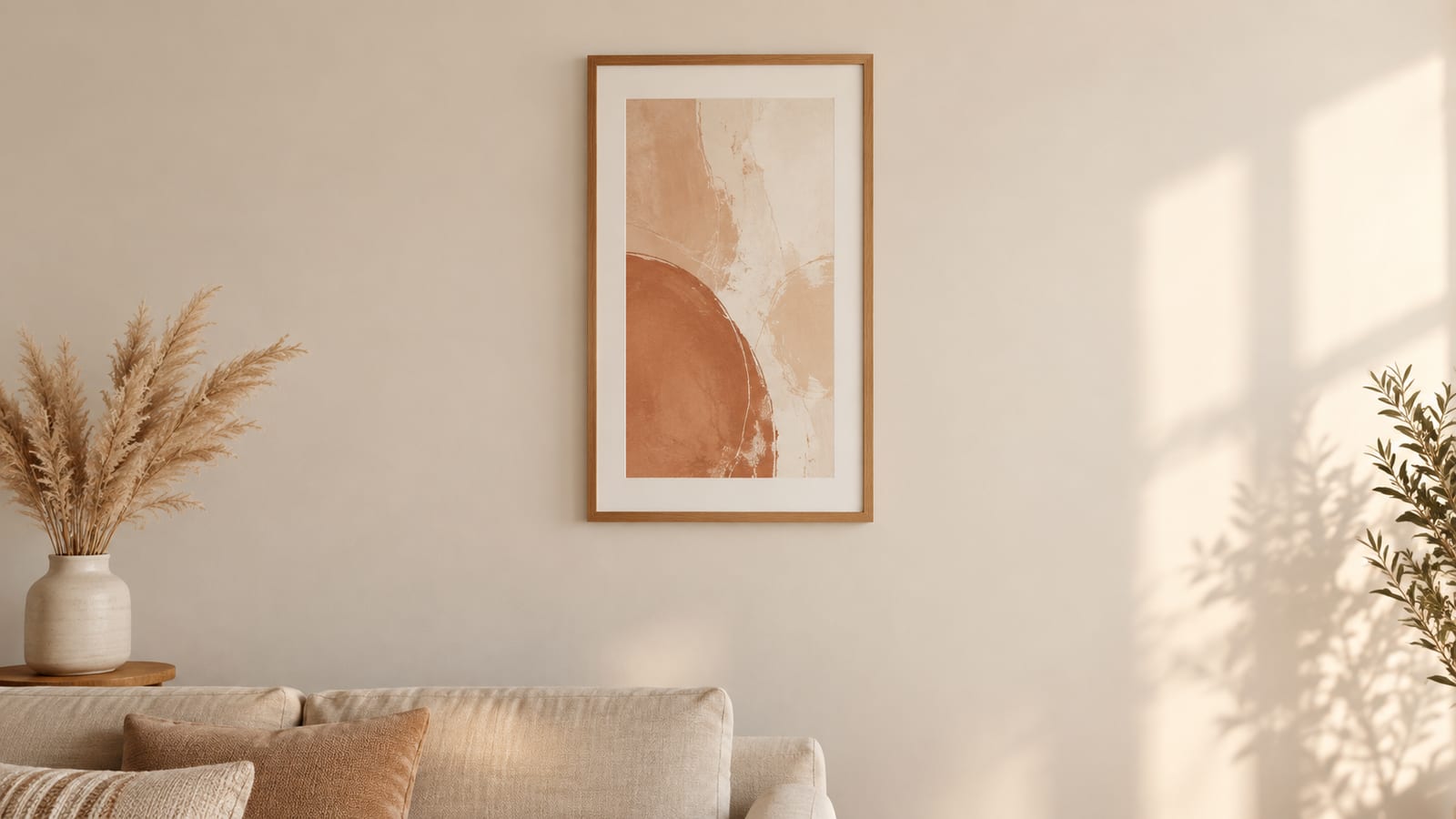 A landscape Etsy listing photo of a portrait abstract print in an oak frame above a sofa