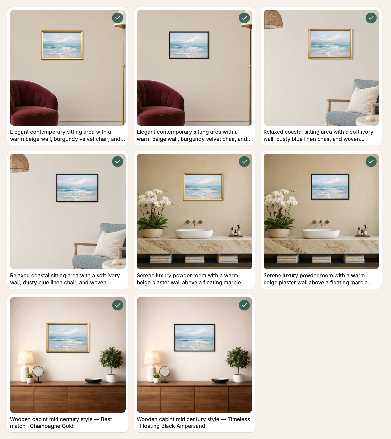 Grid of wall art mockups generated in a single WallMockup Batch Mockups run