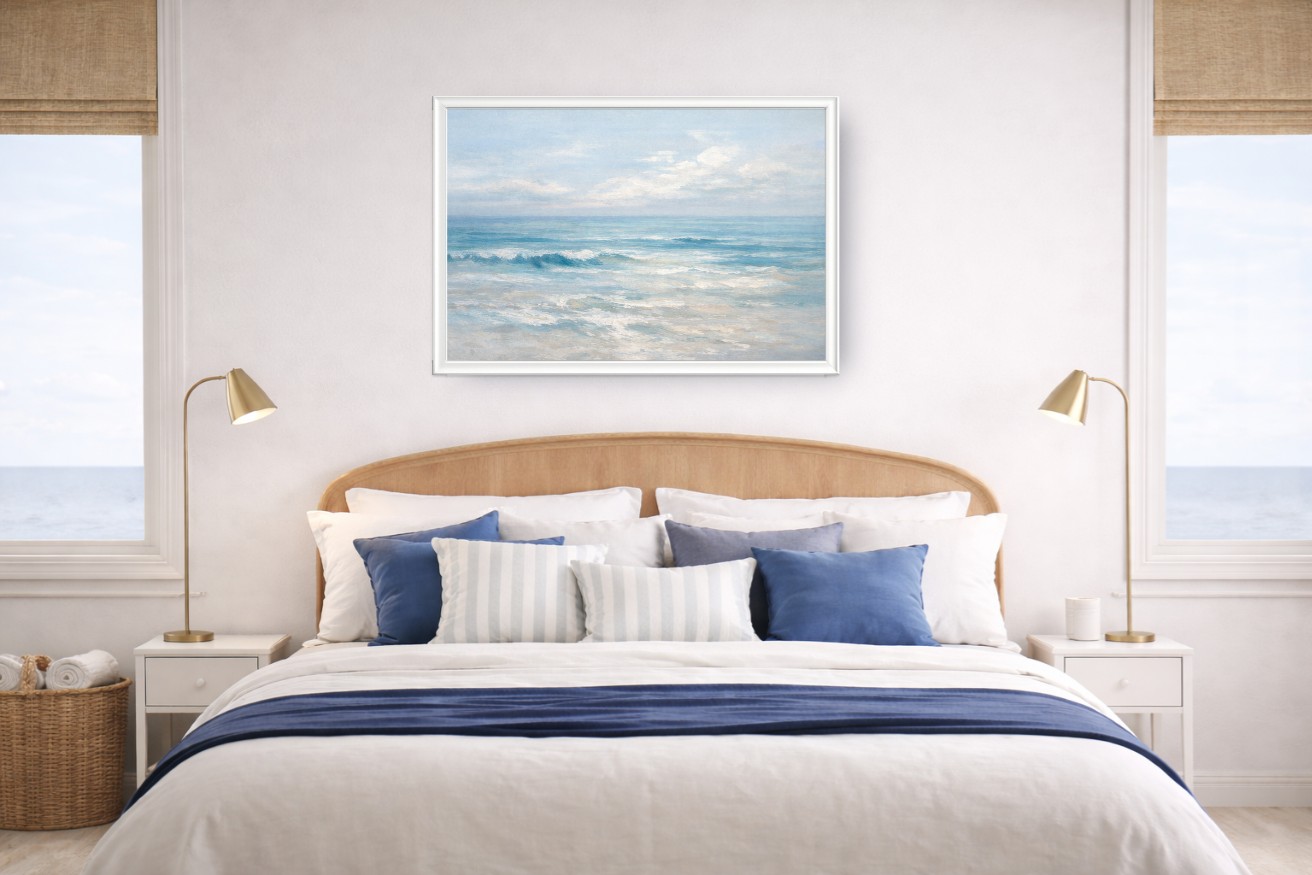 A room mockup showing framed art above a sofa with clear wall scale for online selling