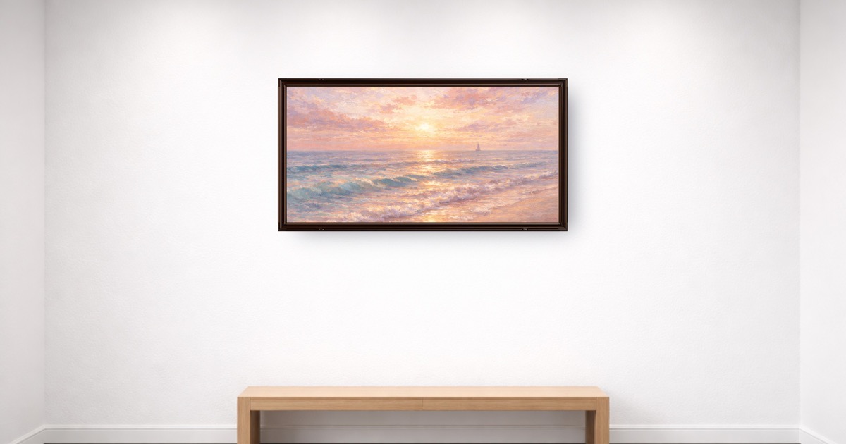 A five-image Etsy listing carousel for one wall art print with hero room, close-up, size guide, included-files note, and alternate frame
