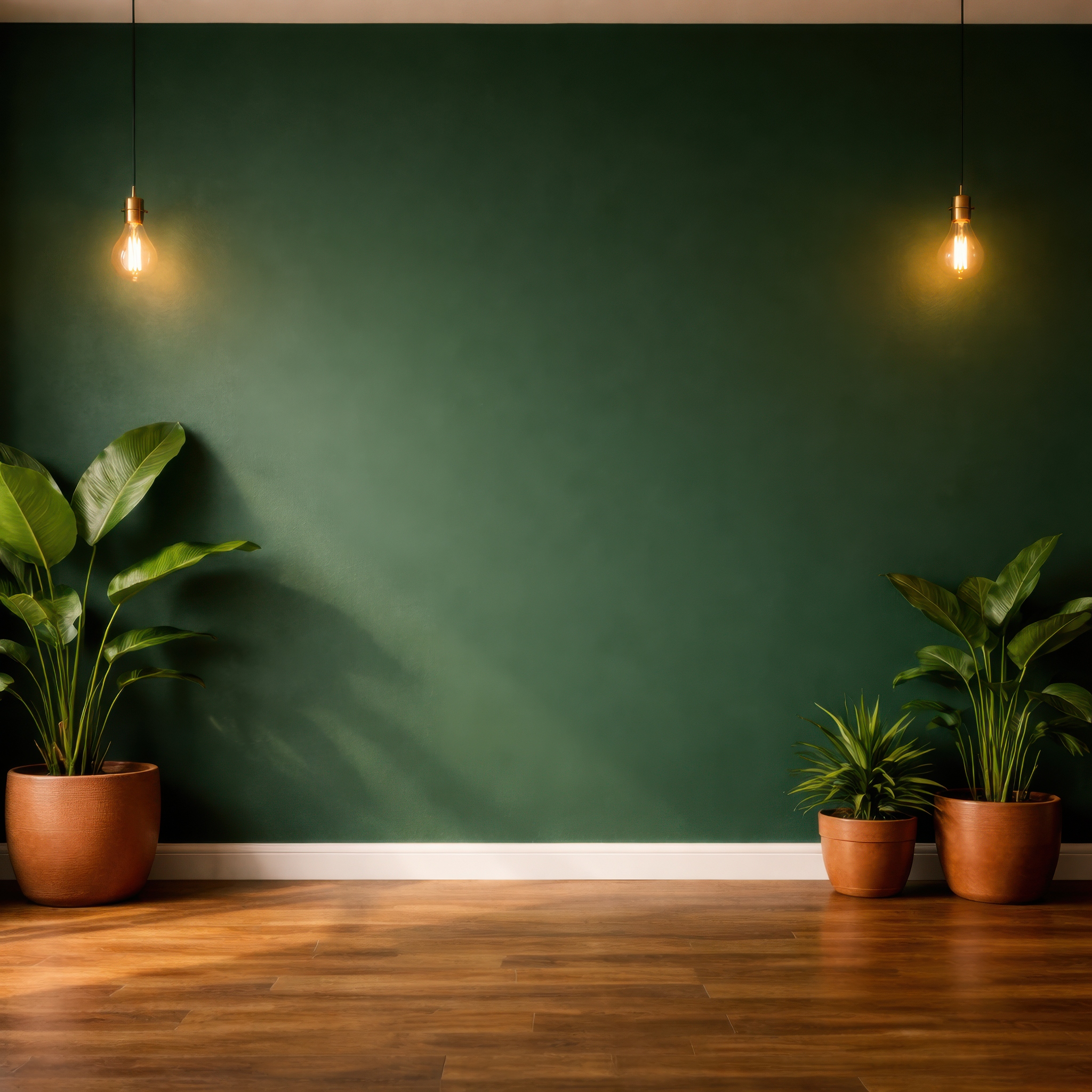 Dark green hallway wall mockup with warm pendant lights and plants for testing strong artwork contrast