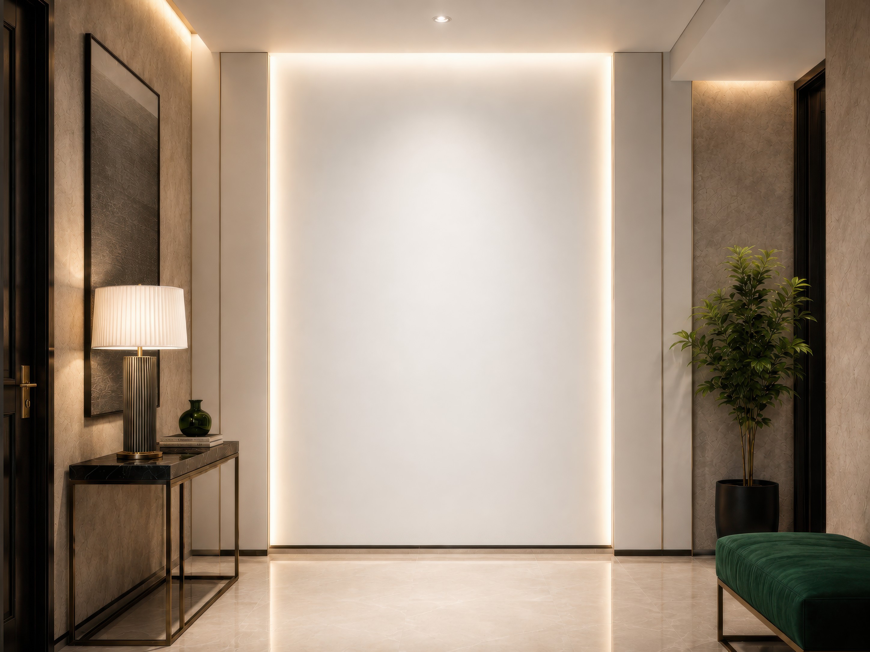 Large illuminated cream hallway wall mockup with a wide display area for oversized statement artwork