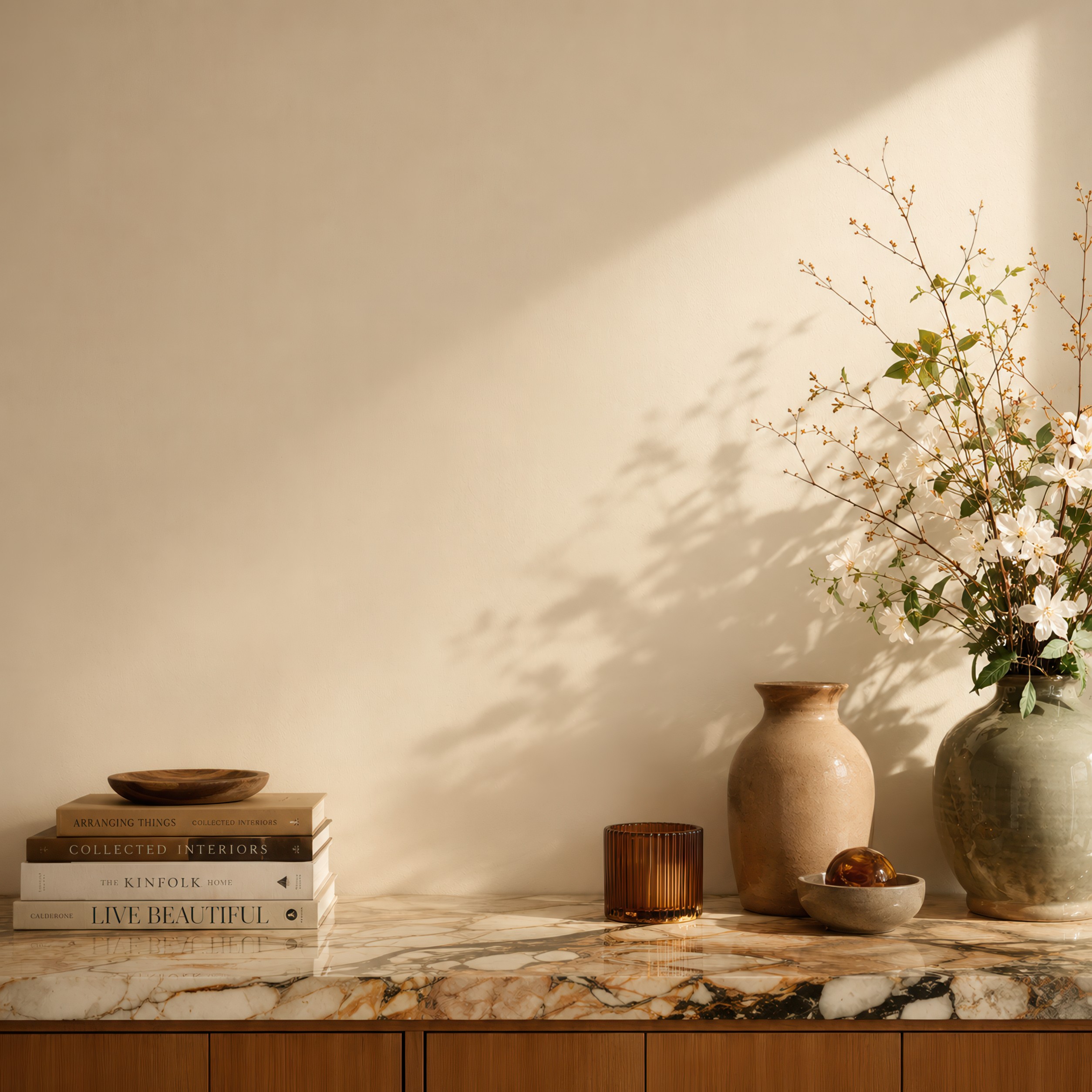 Warm kitchen wall art mockup with an ivory square wall, dramatic marble counter, books, vases, and flowers